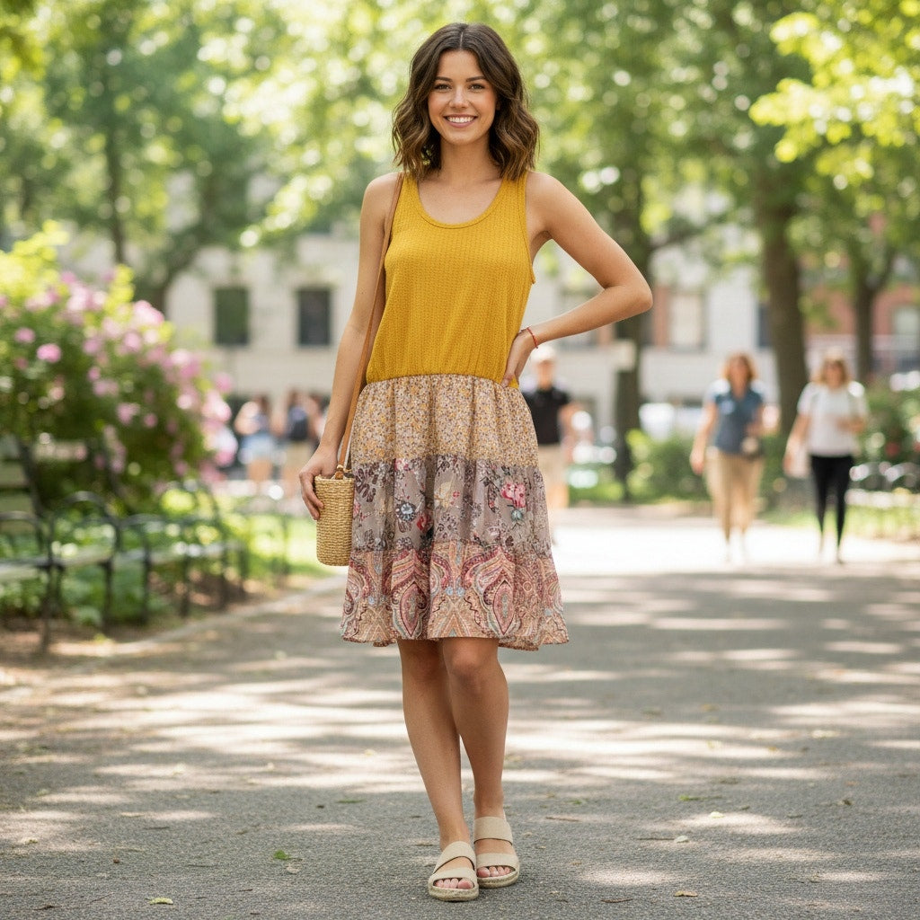 1353 - Umgee Mustard Waffle knit tank dress with Tiered boho bottom - Small NWT