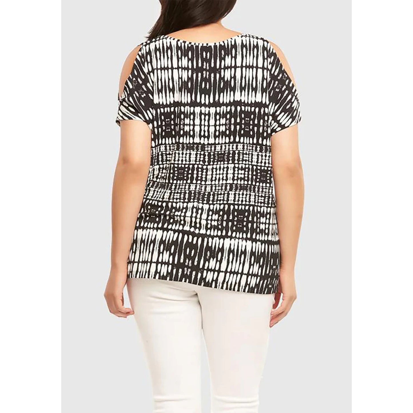 1098 - TART Boho Abstract Print Cold Shoulder Tunic Top Black White - NWT - 3x