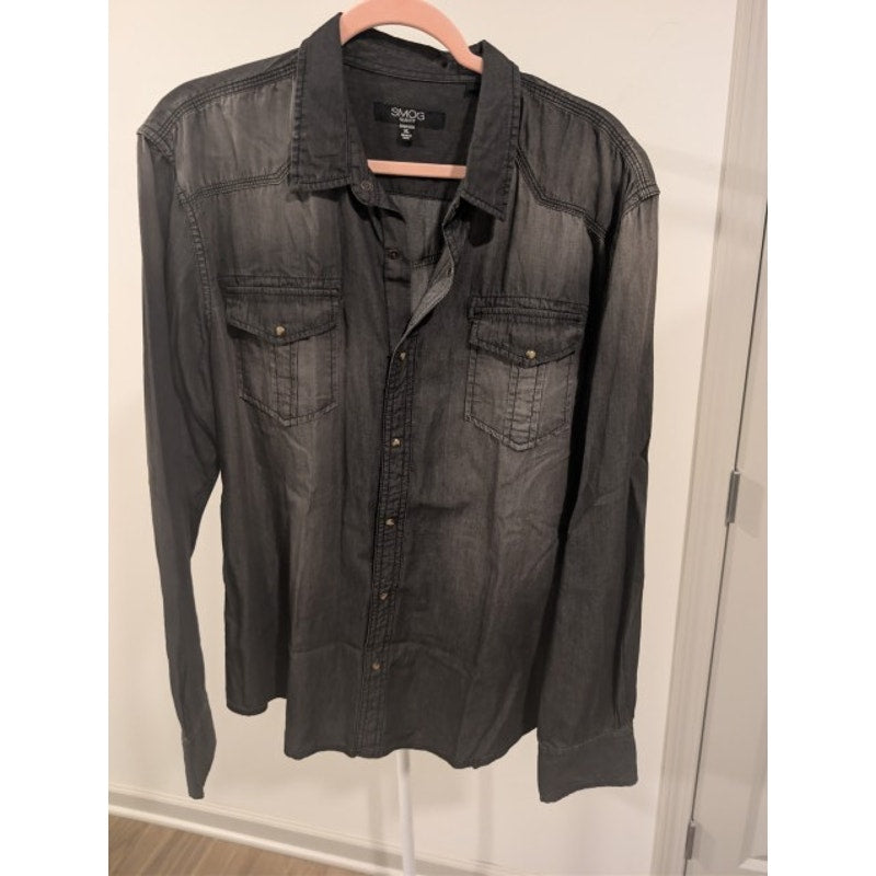 1505 - Smog Dark Gray Distressed Button Down Shirt - XL