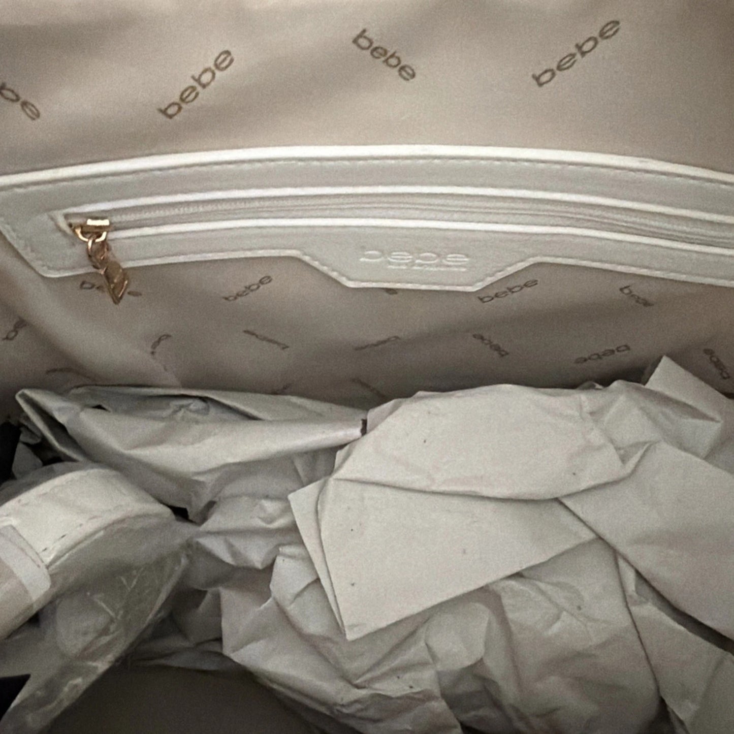 1121 - Bebe Los Angeles Monogram Tote Bag White Brown Logo - NWT
