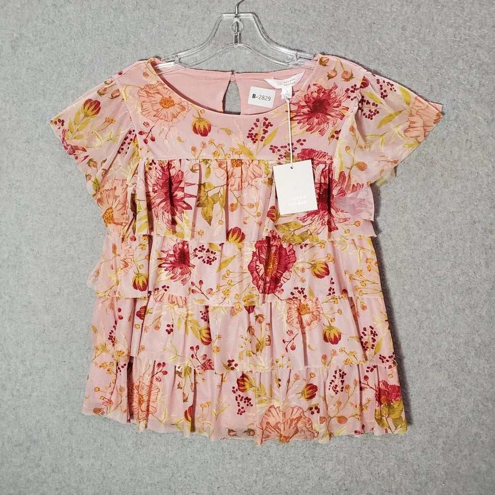 1113 - Lauren Conrad Pink Floral Tiered Ruffle Blouse Womens - NWT - Size M