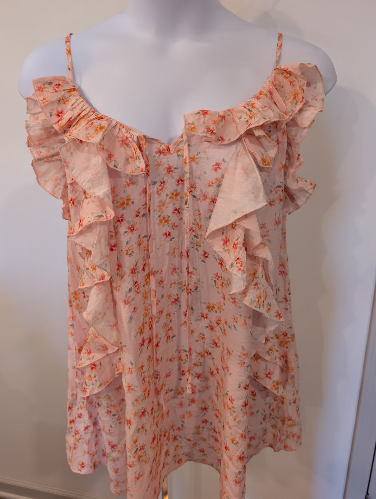 1154 - H & M Floral Ruffle Cami Top Pink Sheer Boho - NWT - Size Large