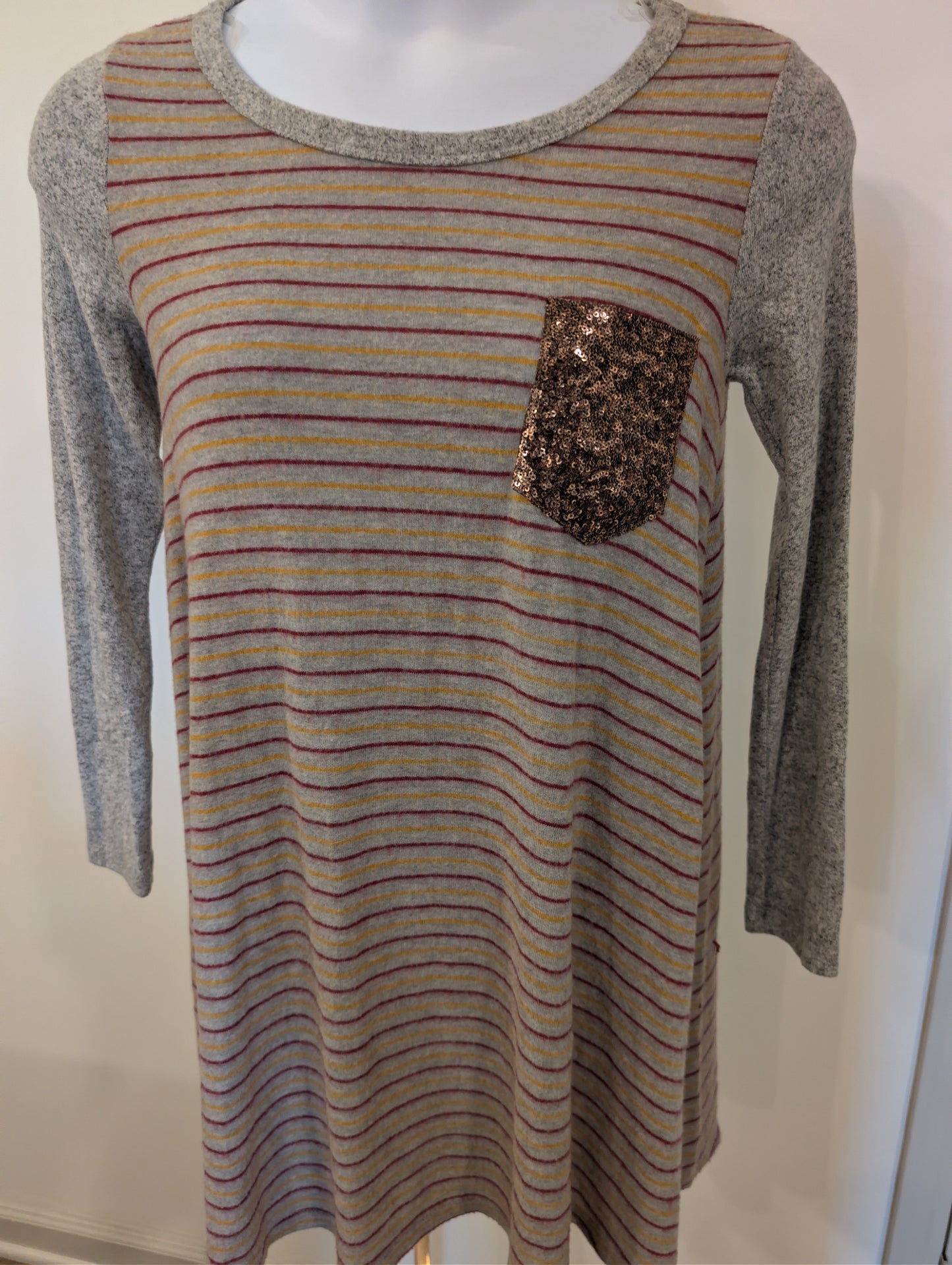 1170 - ADORA Striped Raglan Pocket Tunic Light Sweater Dress Gray Retro - Small