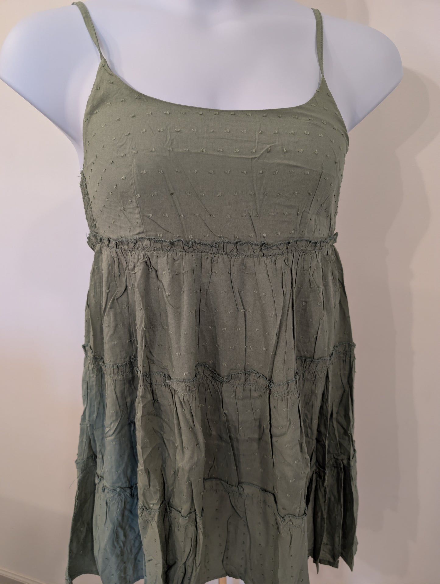 1171- Miss Sparkling Boho Tiered Spaghetti Strap Mini Dress Olive Green - Medium