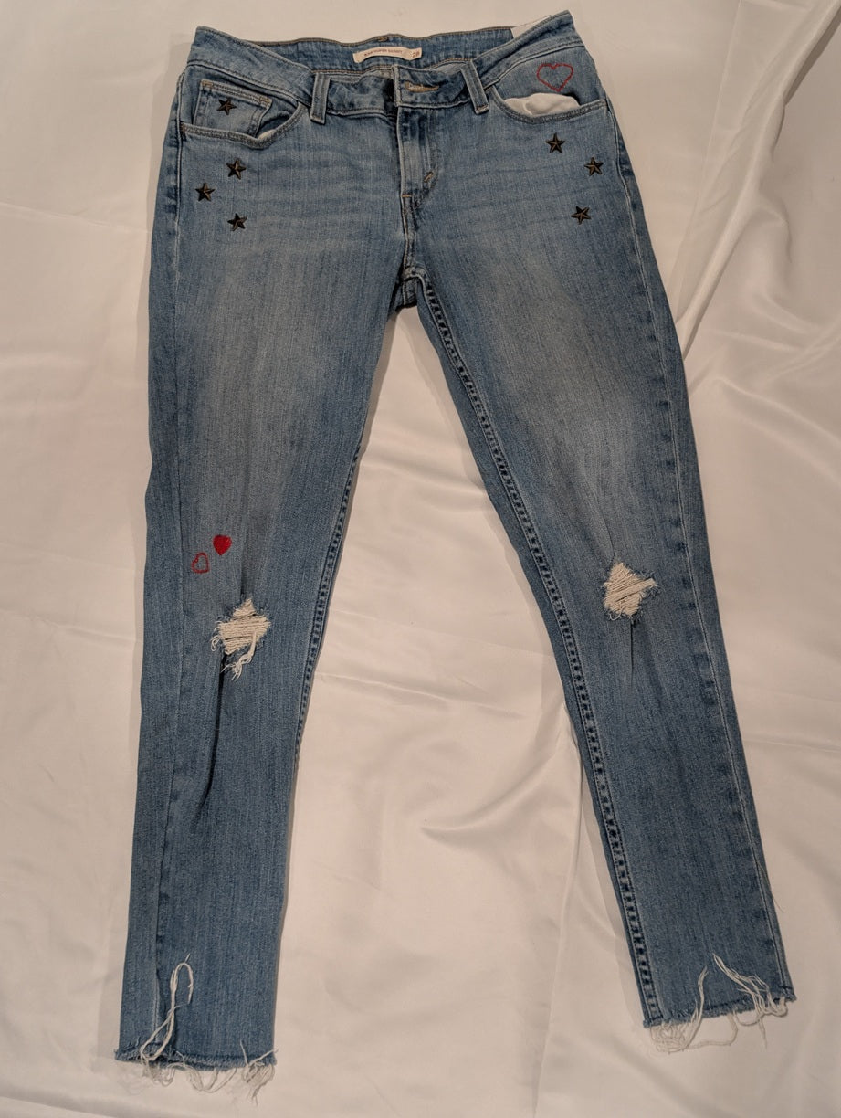 1178- Levi's Distressed Embroidered Skinny Jeans Womens Blue Denim Size 28