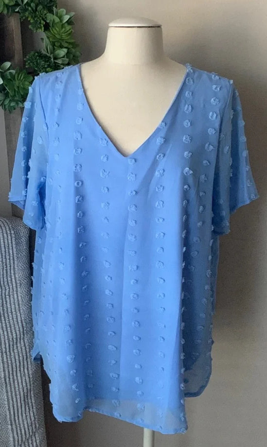 1182- Zenana Blue Sheer Textured Blouse Short Sleeve V Neck Boho Tunic - NWT