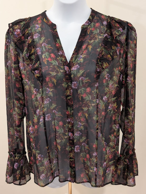 1192 - Paige 100% Silk Sheer Floral Ruffle Blouse Long Sleeve Boho Vintage - L