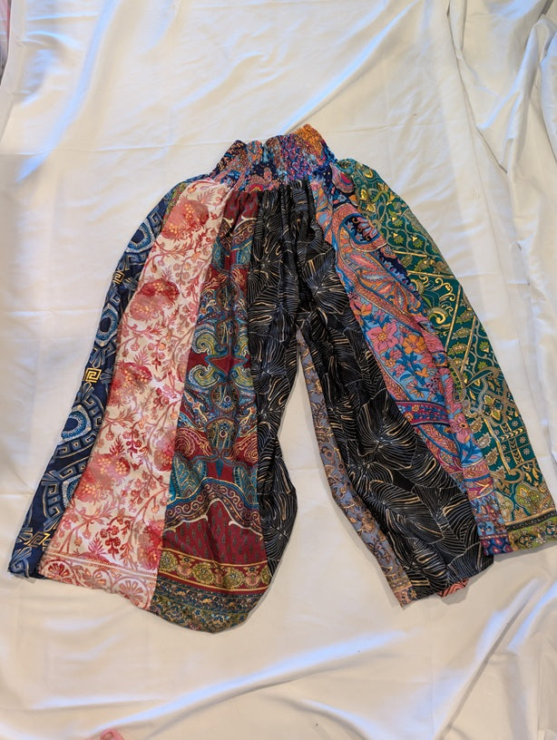 1203 - POL Boho Patchwork Wide Leg Pants Smocked Waist One Size