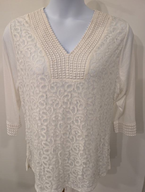 1208 - Roz & Ali Boho Lace Tunic Top Cream 3/4 Sleeve- NWT - XL