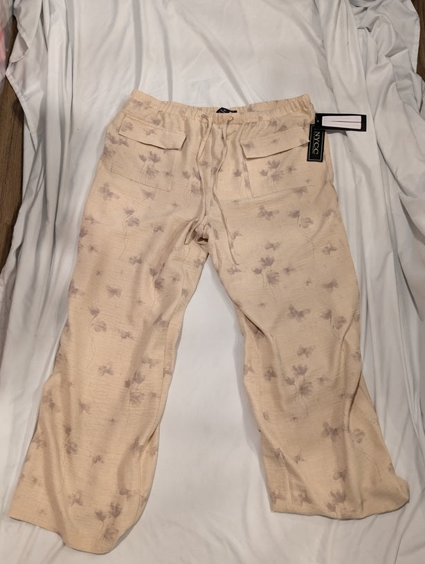 1218 - NYCC Beige Floral Wide Leg Pants Womens - NWT - XL