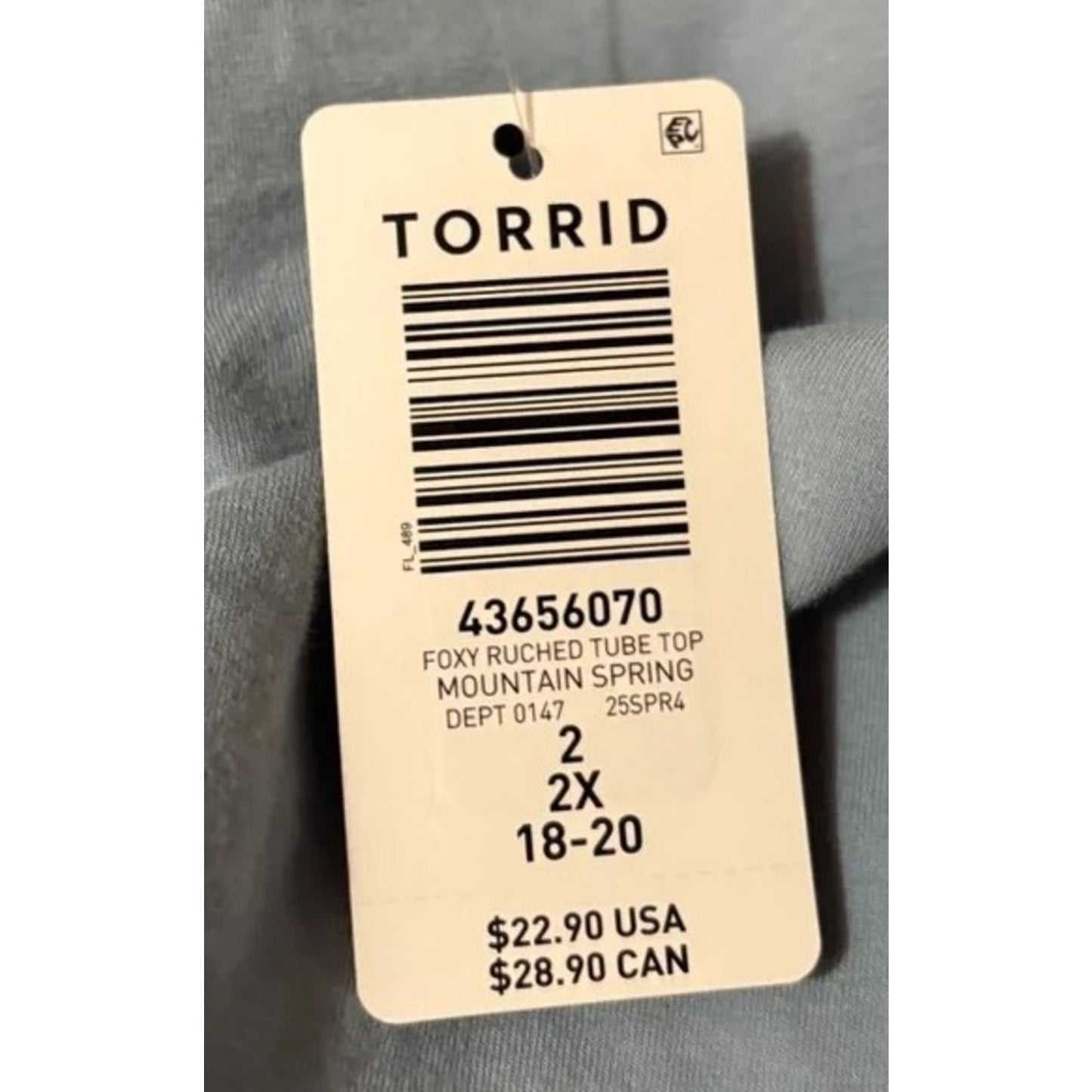 1078 - Torrid Foxy Ruched Tube Top Light Blue 2X - NWT