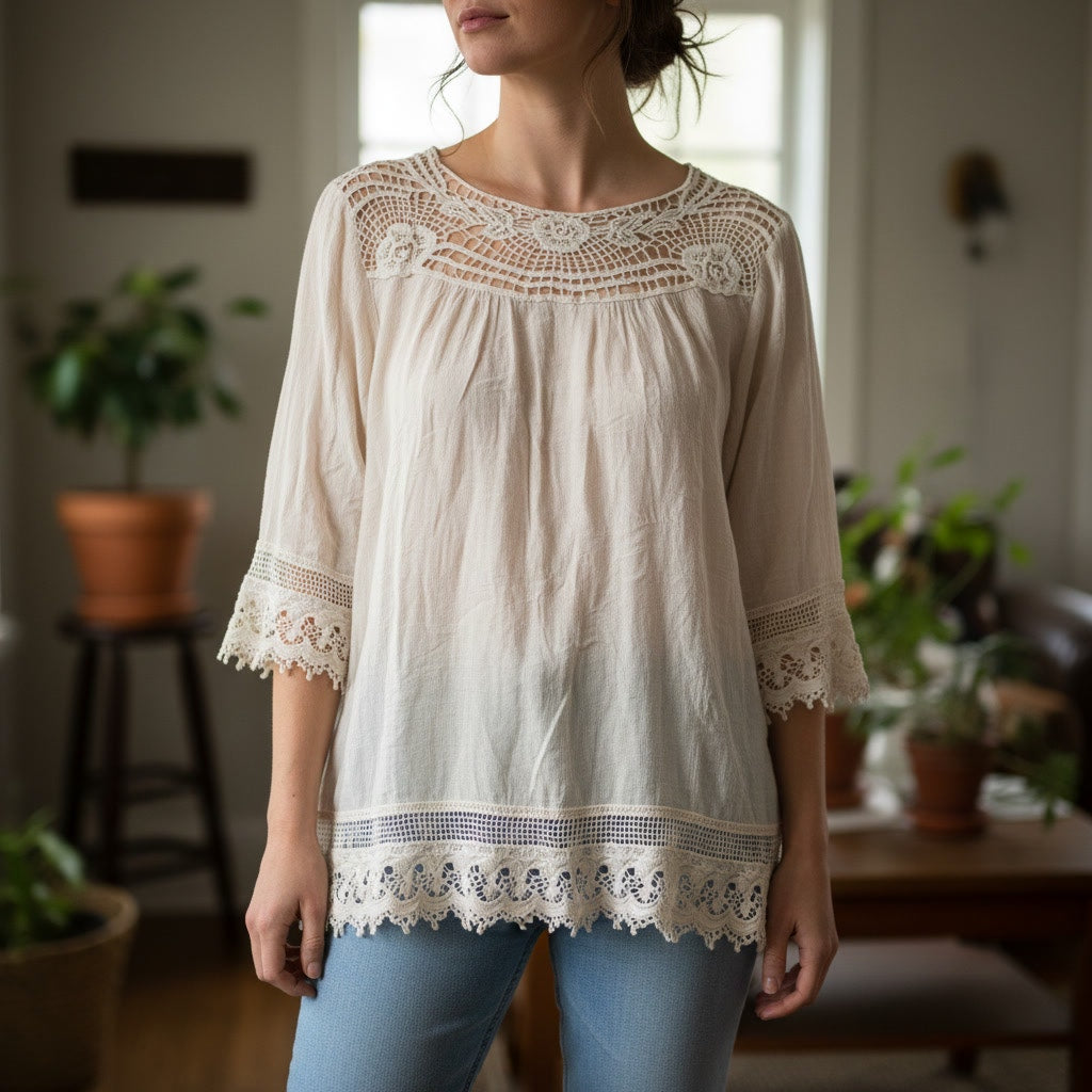1346 - Indigo Soul Crochet Cream Blouse - XL