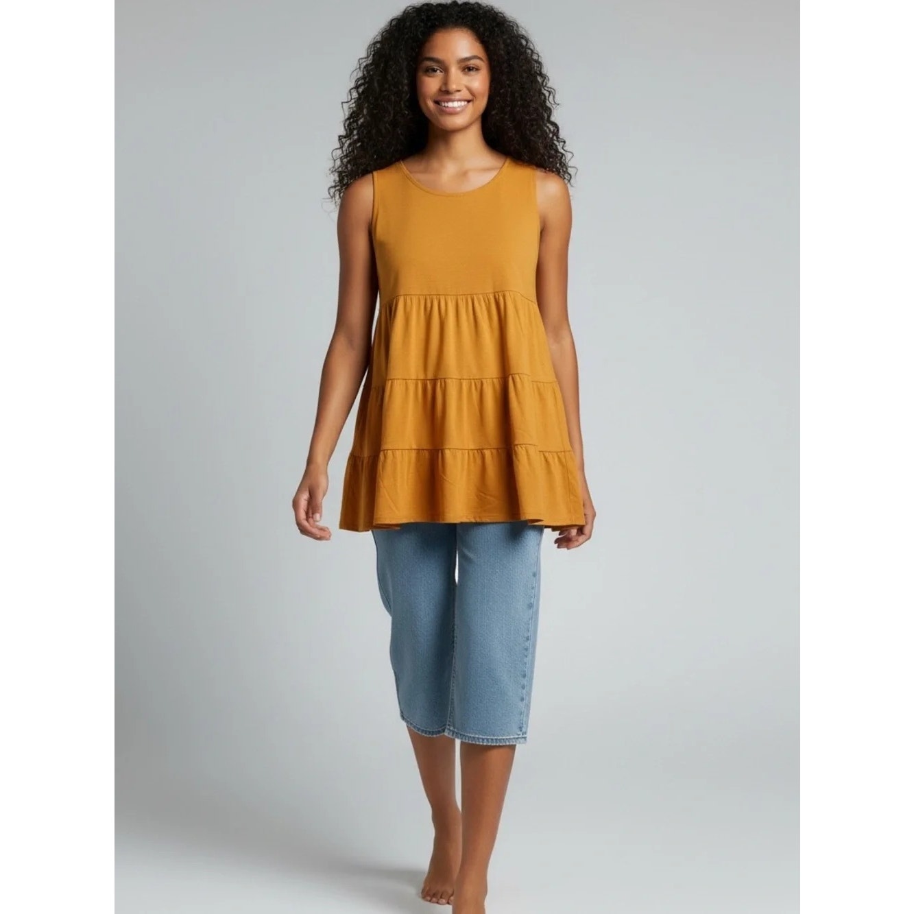 1277 - Zenana tiered sleeveless tank t-shirt - XL - Mustard