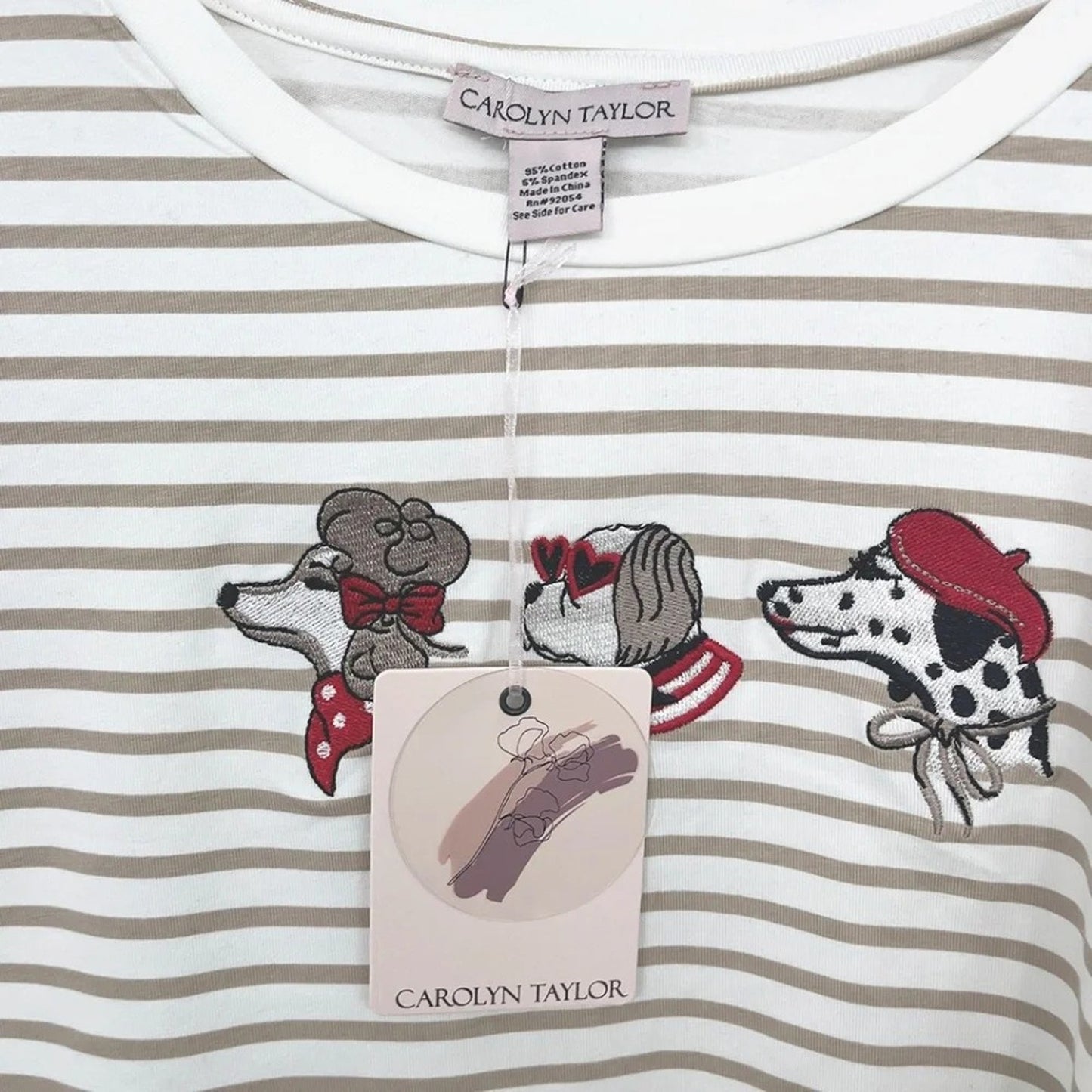 1076-Carolyn Taylor Striped Dog Embroidered Cotton Tee Womens 1X Beige White