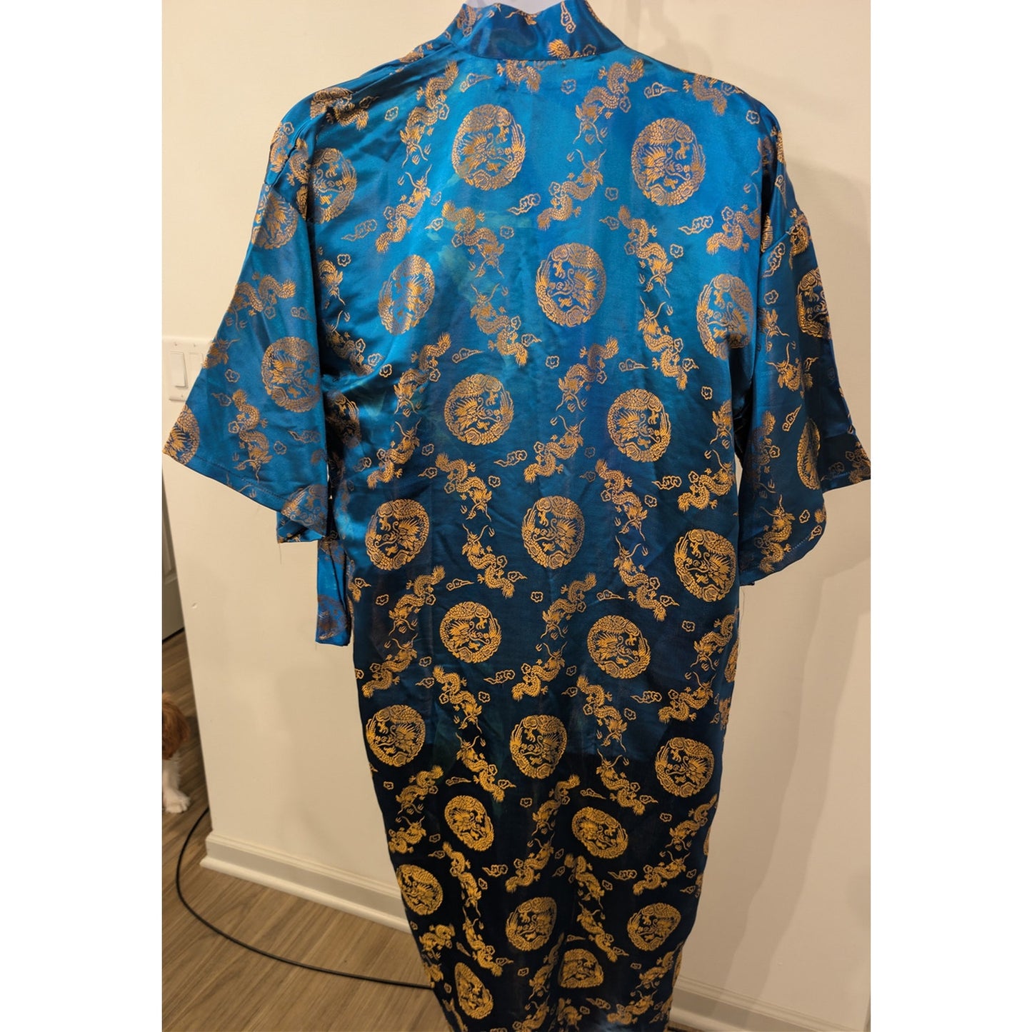 1059 - Blue Gold Satin Kimono Robe Floral Dragon Print One Size - NWOT