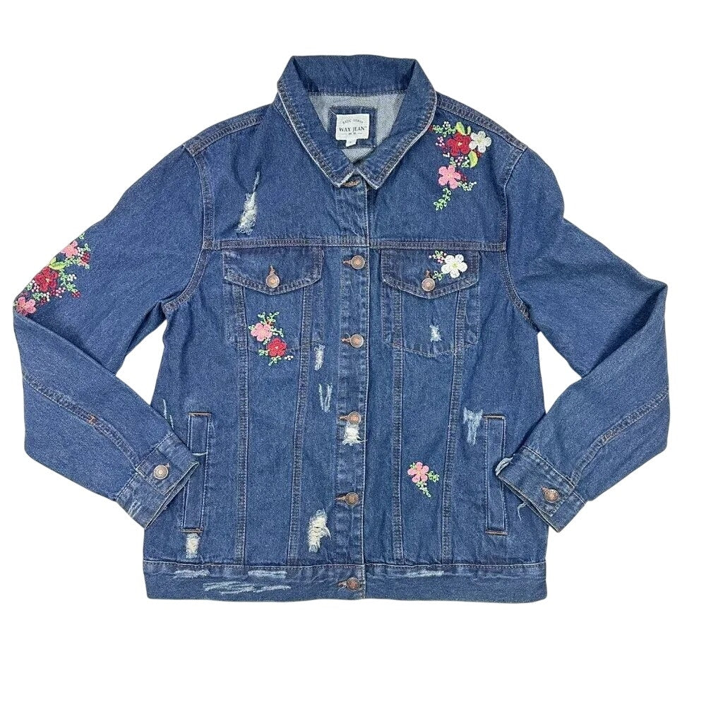 1251-Wax Jean Floral Embroidered Denim Jacket- Medium