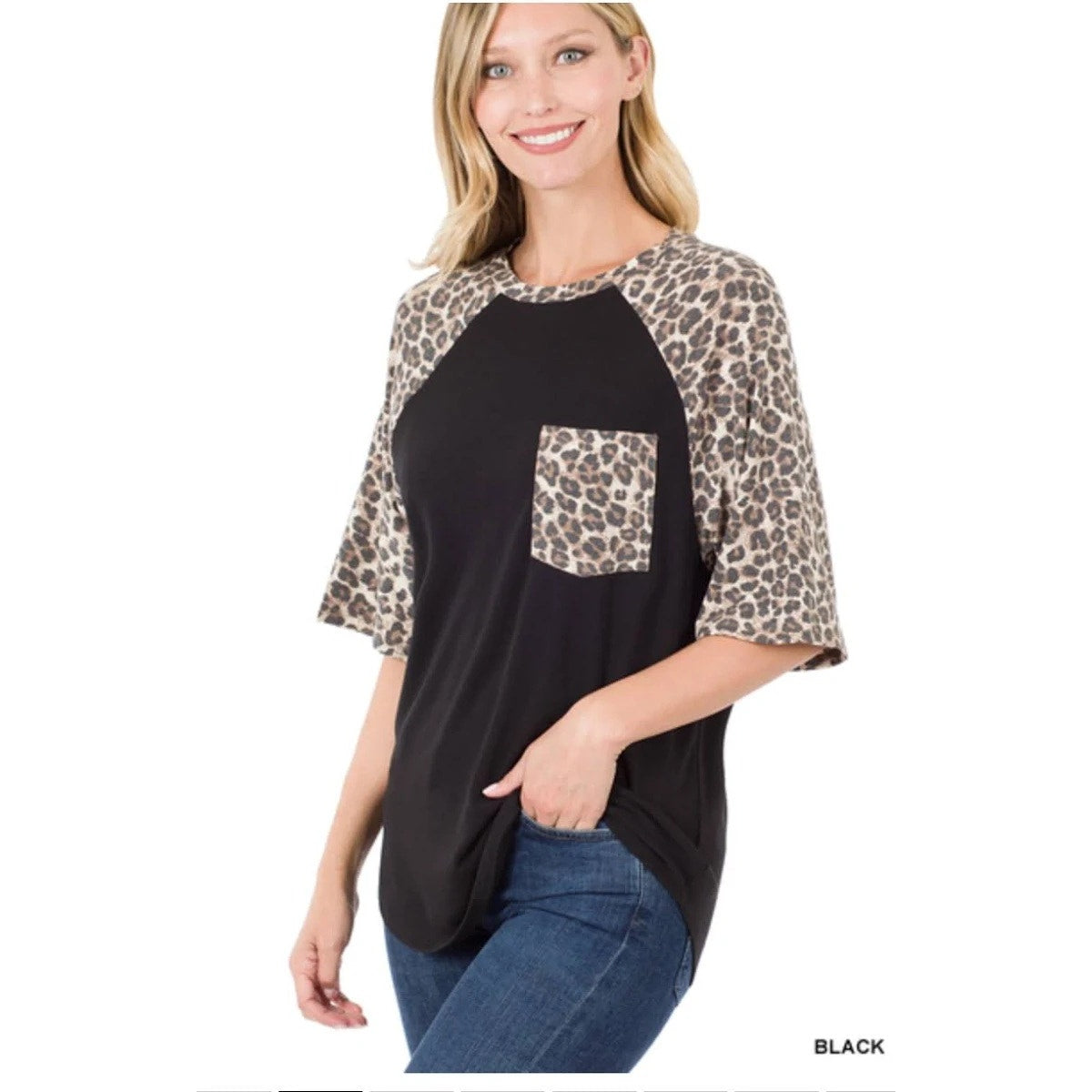 1262 - Zenana Black T Shirt with Animal print sleeves & pocket - L - NWT