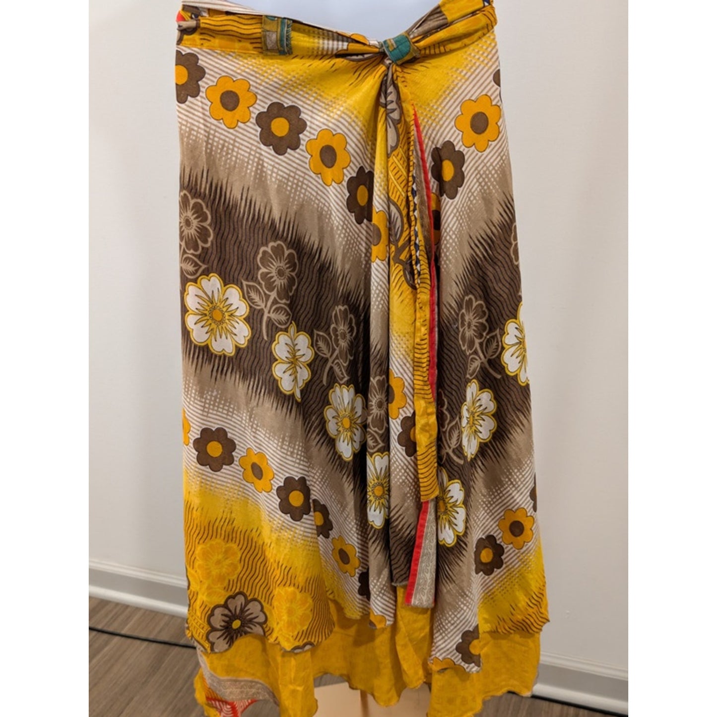 1151- Jackpot Floral Wrap Skirt Yellow Brown Boho Maxi - NWT - One Size