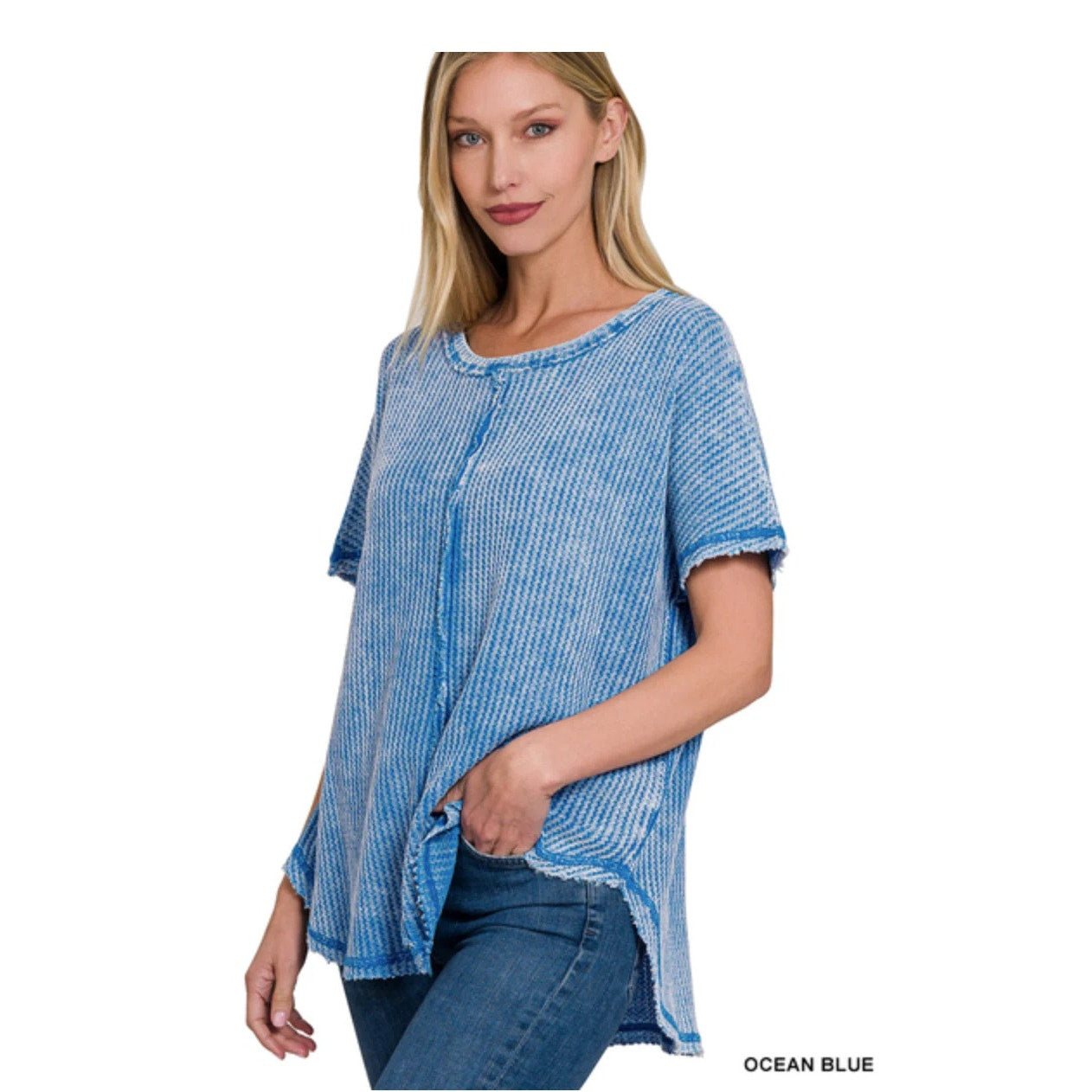 1250 -Zenana Washed Waffle Baby Waffle Short Sleeve Top - 0 Blue- S/M