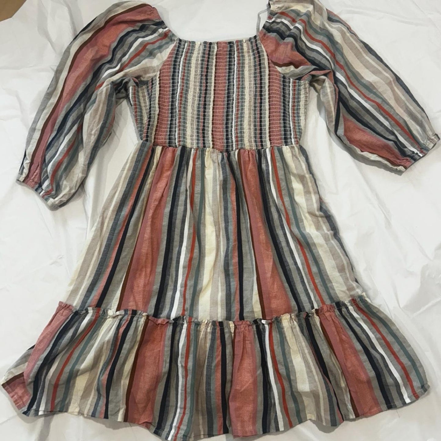 1090 - Kate & Sam Striped Smocked Puff Sleeve Dress Boho Midi - New - Large