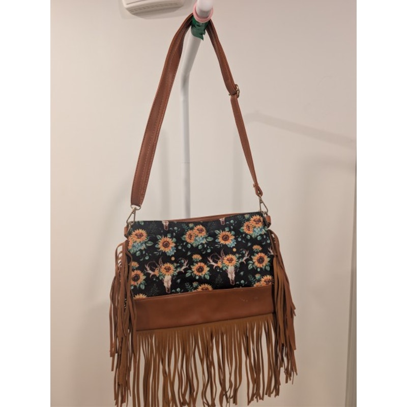 1531 - Fringed Crossbody with Cow Skulls and Sunflowers