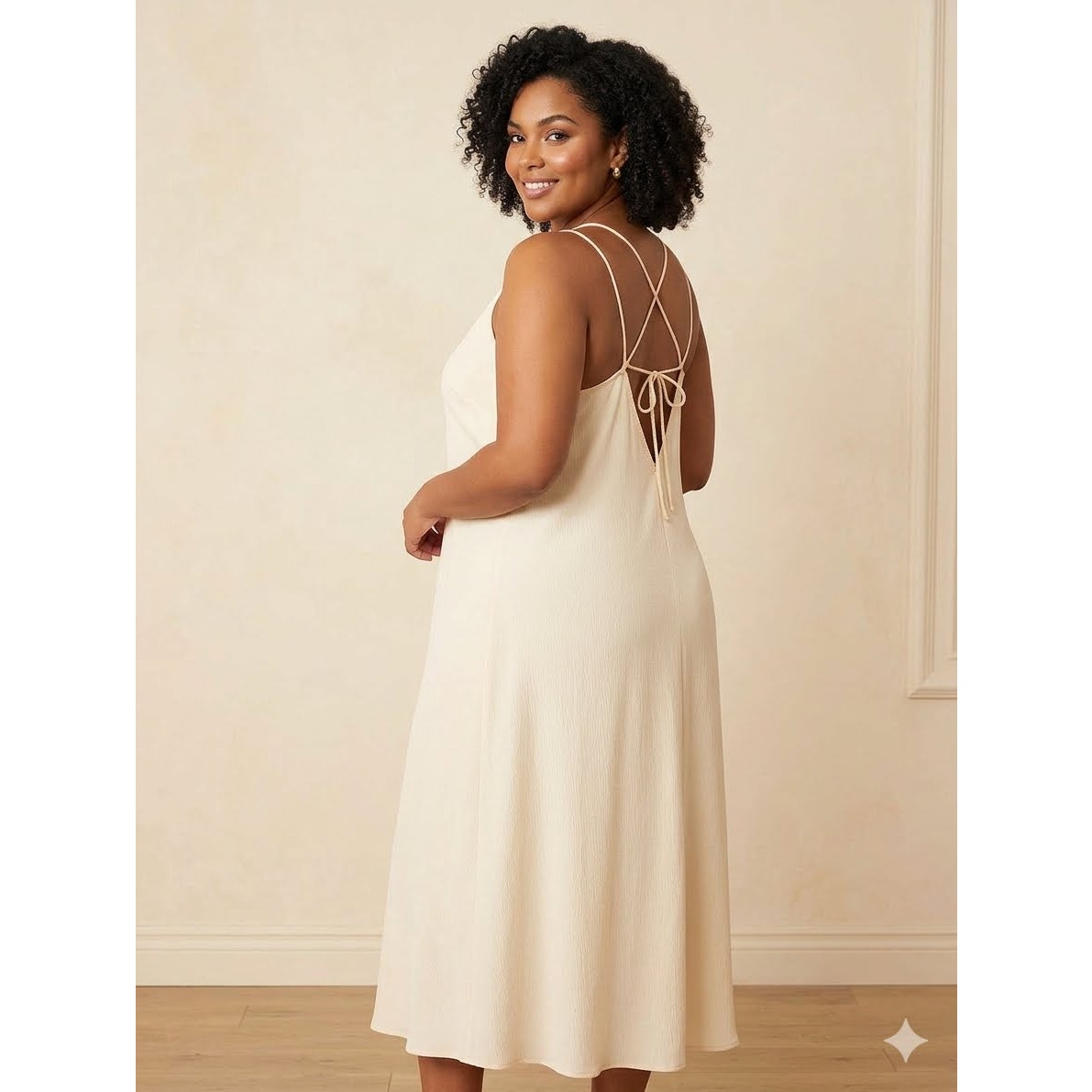 1155-H & M Beige Sleeveless Midi Dress Boho Tie Back - NWT- Size Large