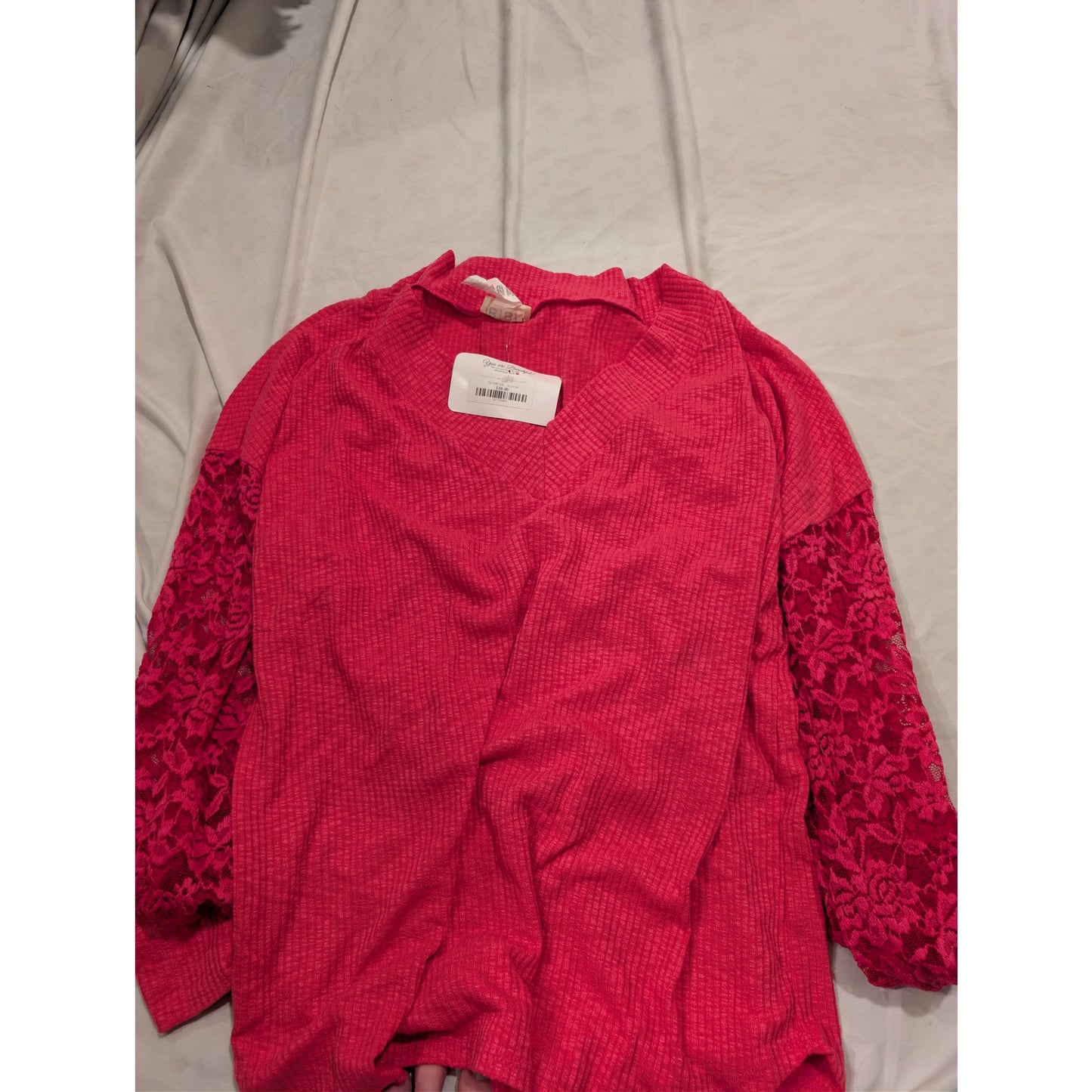1347 - BiBi Hot pink waffle knit blouse with lace sleeves - XL