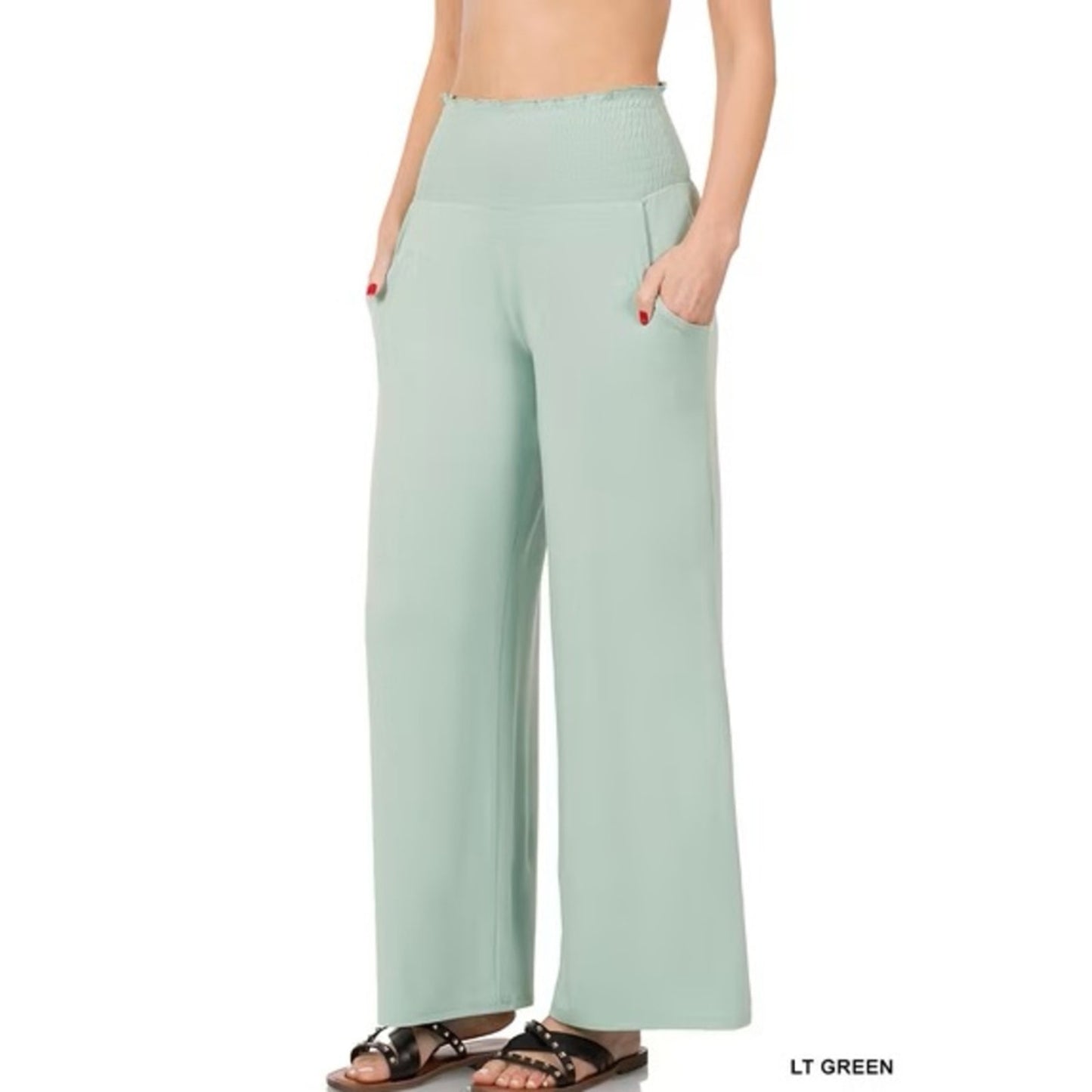 1125 - Zenana Wide Leg Palazzo Pants Light Green High Waist - New - 1X