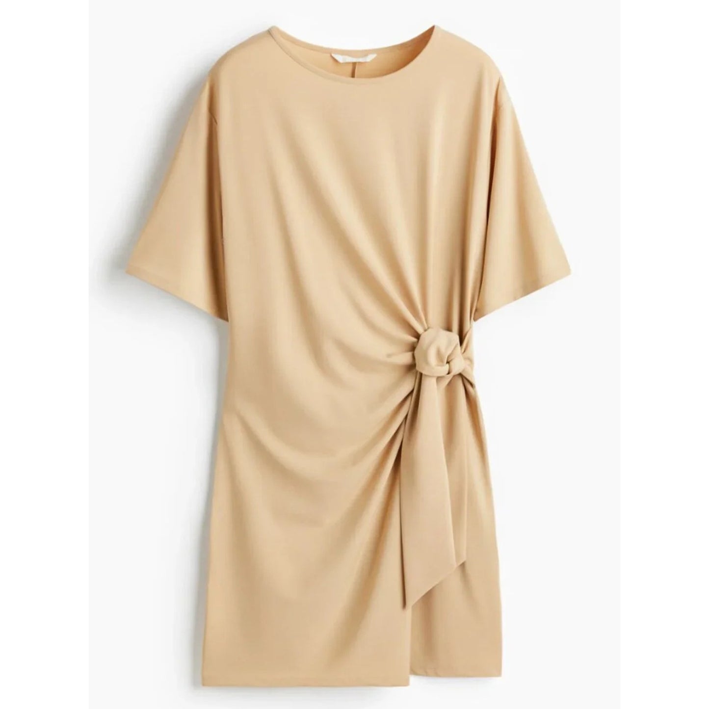 1101 - H&M Beige Knot Front Short Sleeve Dress Minimalist SizeMedium - NWT