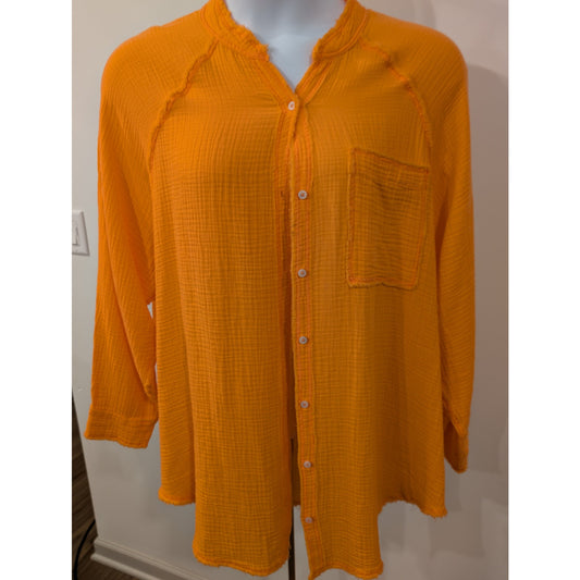 1058 - AERIE Orange Gauze Button Front Tunic Shirt L- NWT