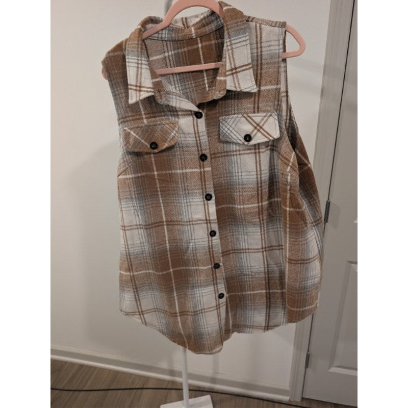 1500 - Plaid Brown White and Gray Sleeveless Shacket - 3X