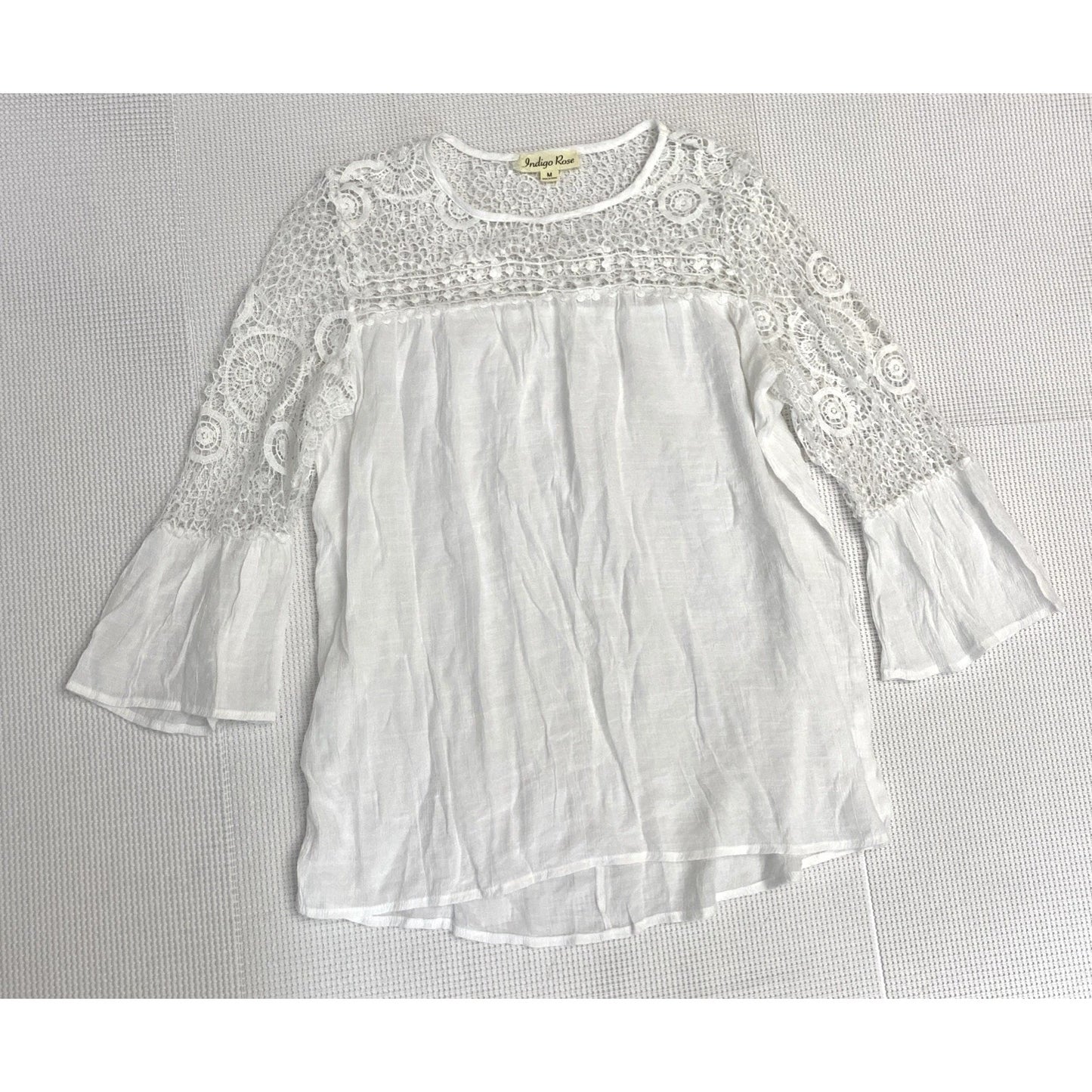1233-Indigo Rose Blouse with Crochet at neck/sleeves-  Sz M