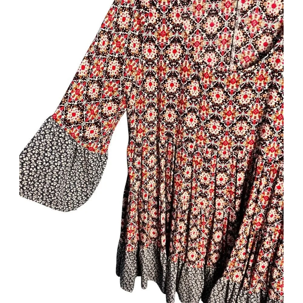 1258-Kori Boho Printed Tunic Dress Size XL Flowy Bell Sleeve
