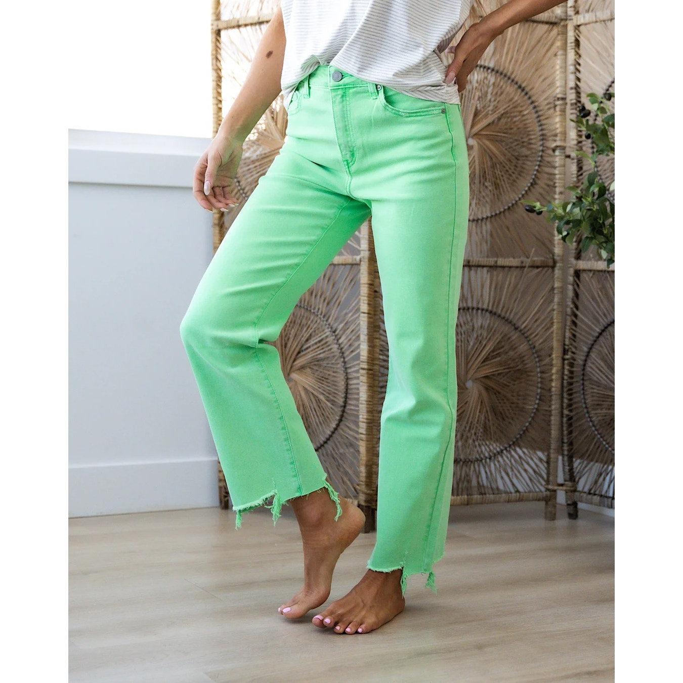 1265 - Kankan jeans - Suzanna Neon Green Chewed Hem Wide Leg
