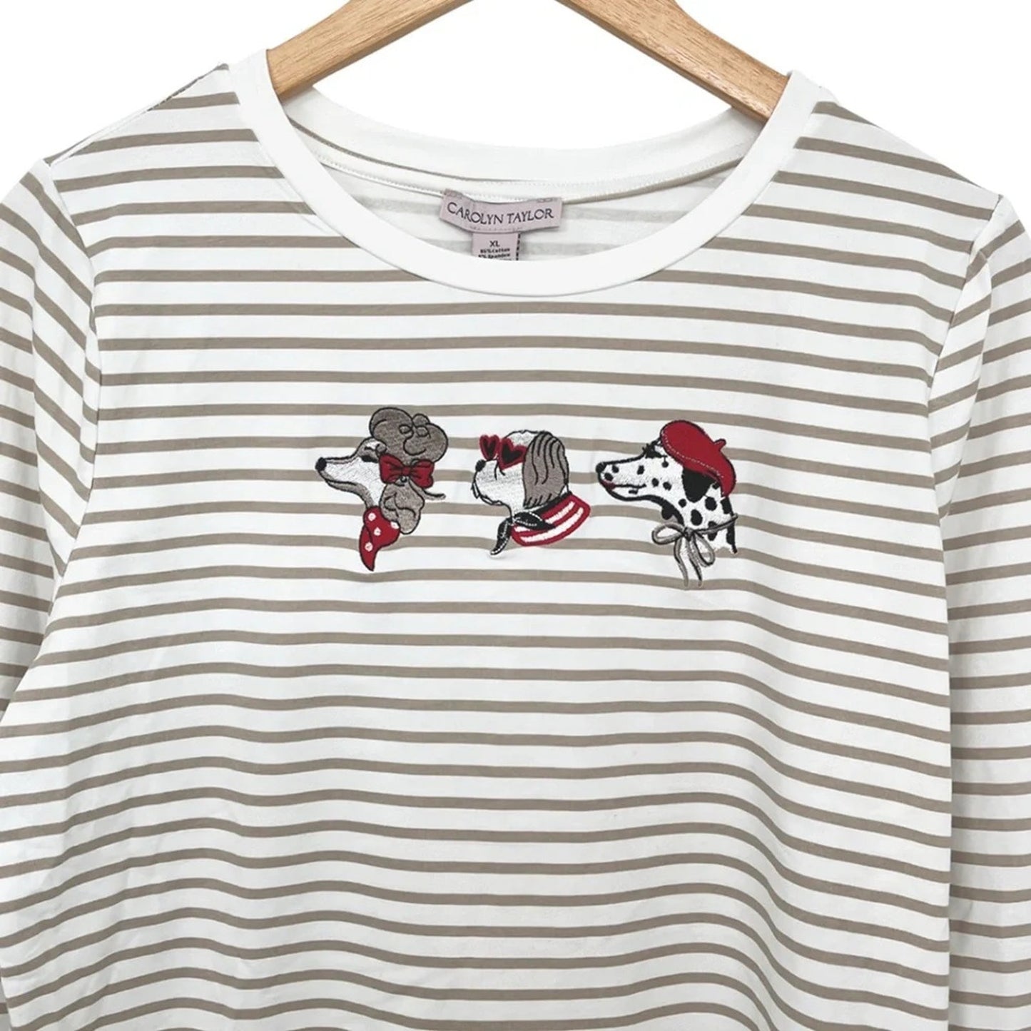 1076-Carolyn Taylor Striped Dog Embroidered Cotton Tee Womens 1X Beige White