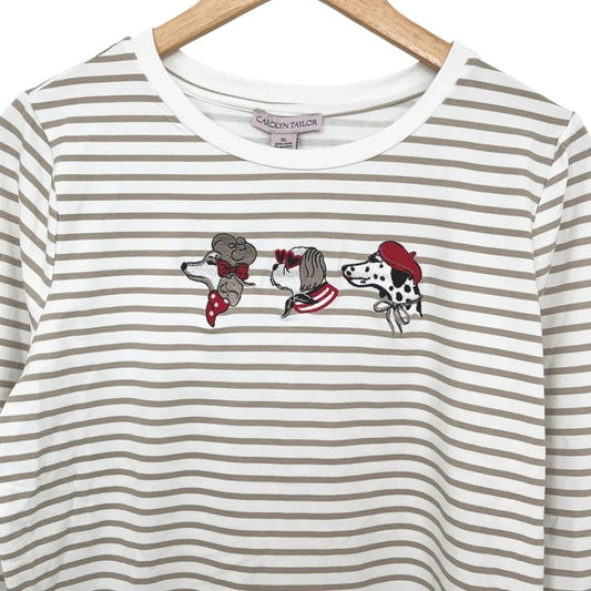 1076-Carolyn Taylor Striped Dog Embroidered Cotton Tee Womens 1X Beige White