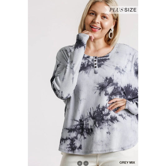 UMGEE - Tie Dye Round Neck Ribbed Top with Round Hem - Grey