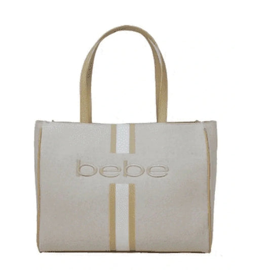 Bebe Canvas Tote Bag Beige Tan Stripe Logo Large Shopper - NWT