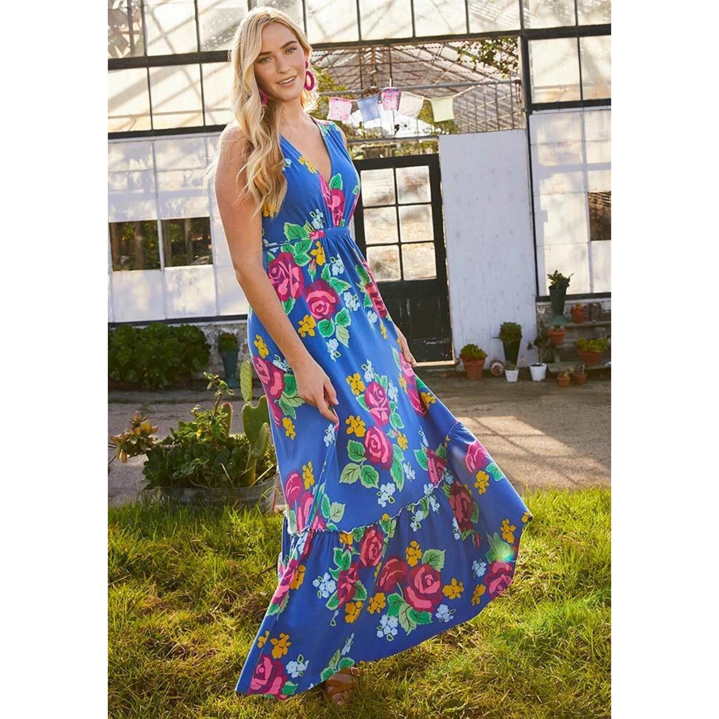 1130 - Matilda Jane Boho Floral Maxi Dress Blue Sleeveless Tie Back - NWT - Med