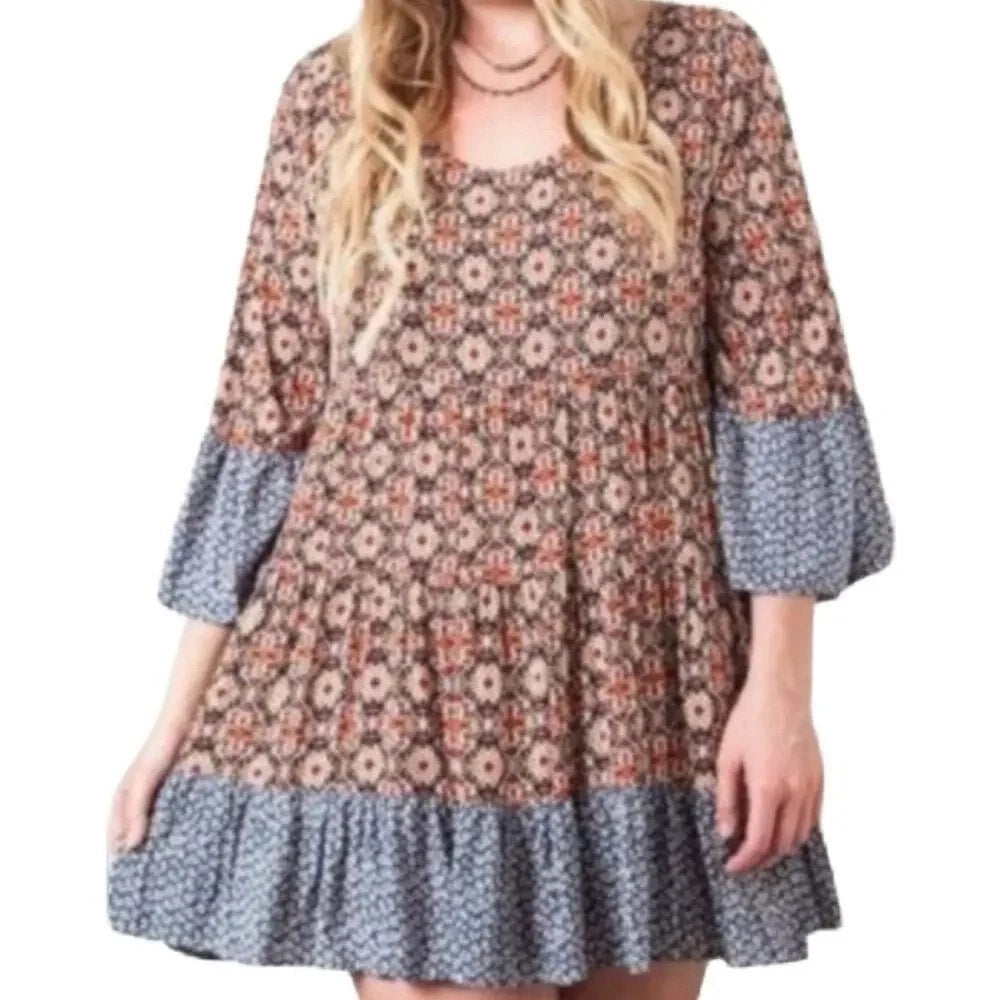 1258-Kori Boho Printed Tunic Dress Size XL Flowy Bell Sleeve