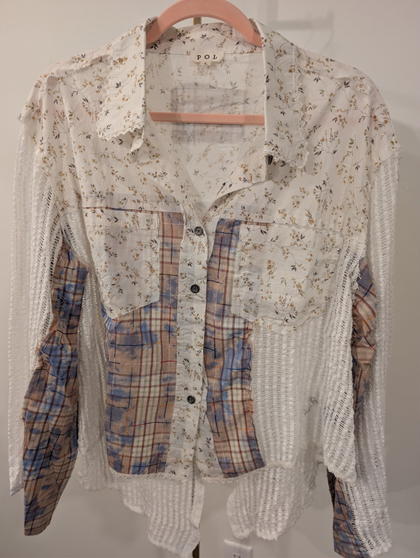 1056 - Pol Floral Patchwork Mesh Button Front Shirt Womens New Size L