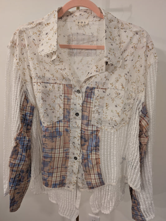 1056 - Pol Floral Patchwork Mesh Button Front Shirt Womens New Size L