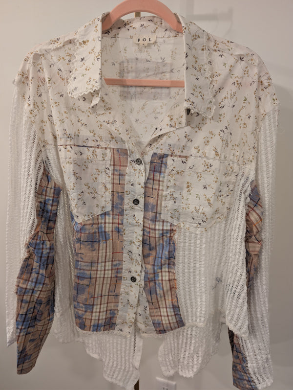 1056 - Pol Floral Patchwork Mesh Button Front Shirt Womens New Size L