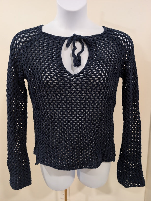 1162 - Abercrombie & Fitch Crochet Keyhole Tie Front Sweater Navy Long Sleeve-M