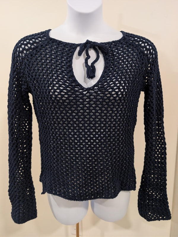1162 - Abercrombie & Fitch Crochet Keyhole Tie Front Sweater Navy Long Sleeve-M