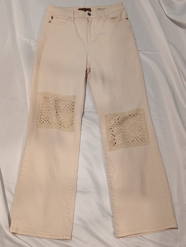 1163 - Judy Blue Cream Wide Leg Jeans Crochet Patchwork Boho - 13/31