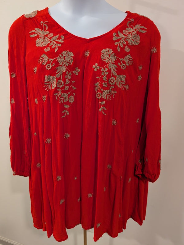 1164-Free People Embroidered Boho Tunic Top Womens Long Sleeve Cutout Back L/XL