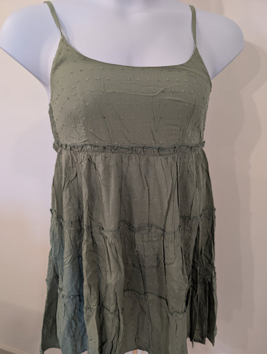 1171- Miss Sparkling Boho Tiered Spaghetti Strap Mini Dress Olive Green - Medium