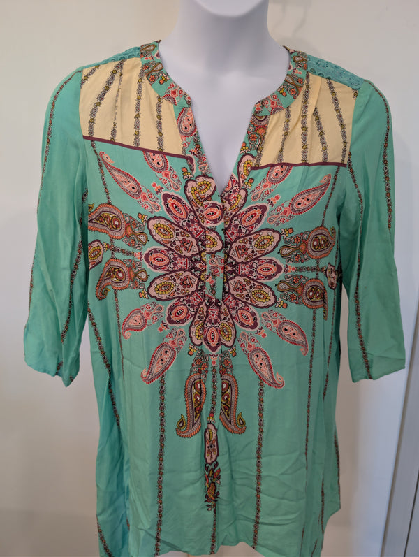 1175 - Cupio Boho Paisley Tunic Blouse Teal Aqua Floral Print 3 4 Sleeve - Med