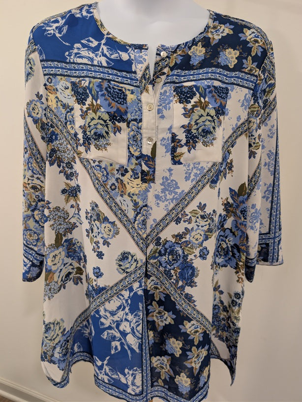 1179-Hope Springs Blue Floral Boho Tunic Blouse Button Front 3/4 Sleeve - NWT-2X
